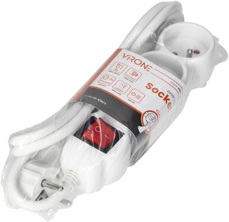 Orno 3 krypčių prailgintuvas 2P+Z, su jungikliu, 3m H05VV-F 3x1.5mm2, Imax=16A, plokščias kištukas, baltas
