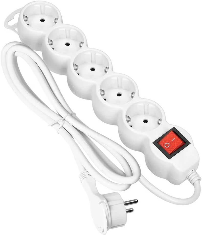 Orno Przedłużacz 5 kontaktų prailgintuvas 2P+Z (Schuko), su jungikliu, 3m H05VV-F 3x1.5mm2, Imax=16A, plokščias kištukas, baltas