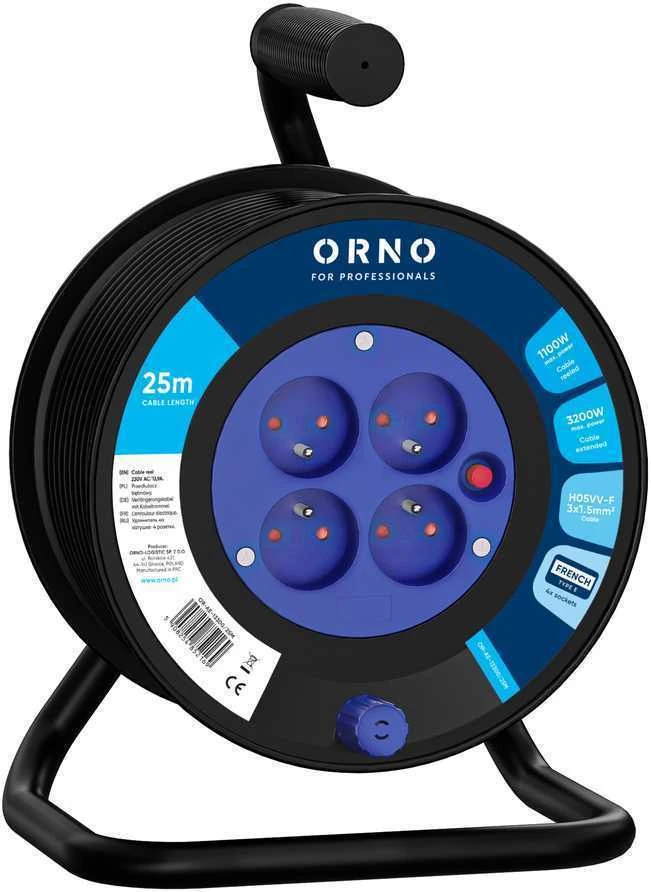 Orno Przedłużacz Ilgintuvo ritė, 4 lizdai 2P+Z, PVC kabelis H05VV-F 3x1,5mm², ilgis 25m, termorelė, srovės kelio sklendės