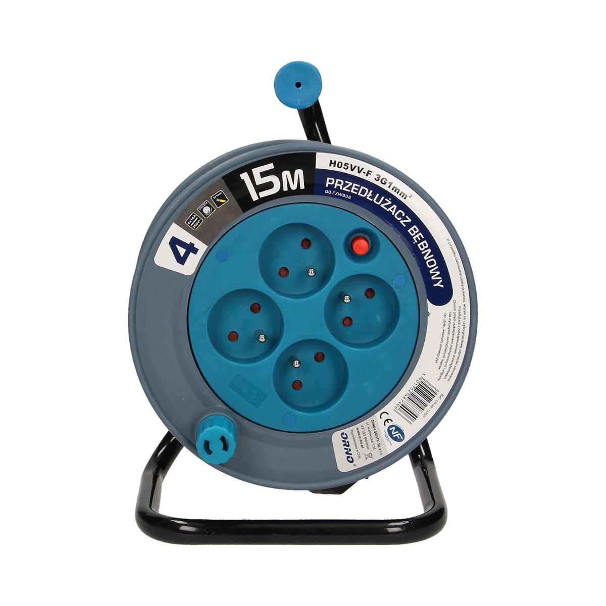 Orno MINI prailginimo laido ritė, 4 lizdai 2P+Z, metalinis stovas, polivinilchloridas H05VV-F 3x1mm-, ilgis 15m, turkio