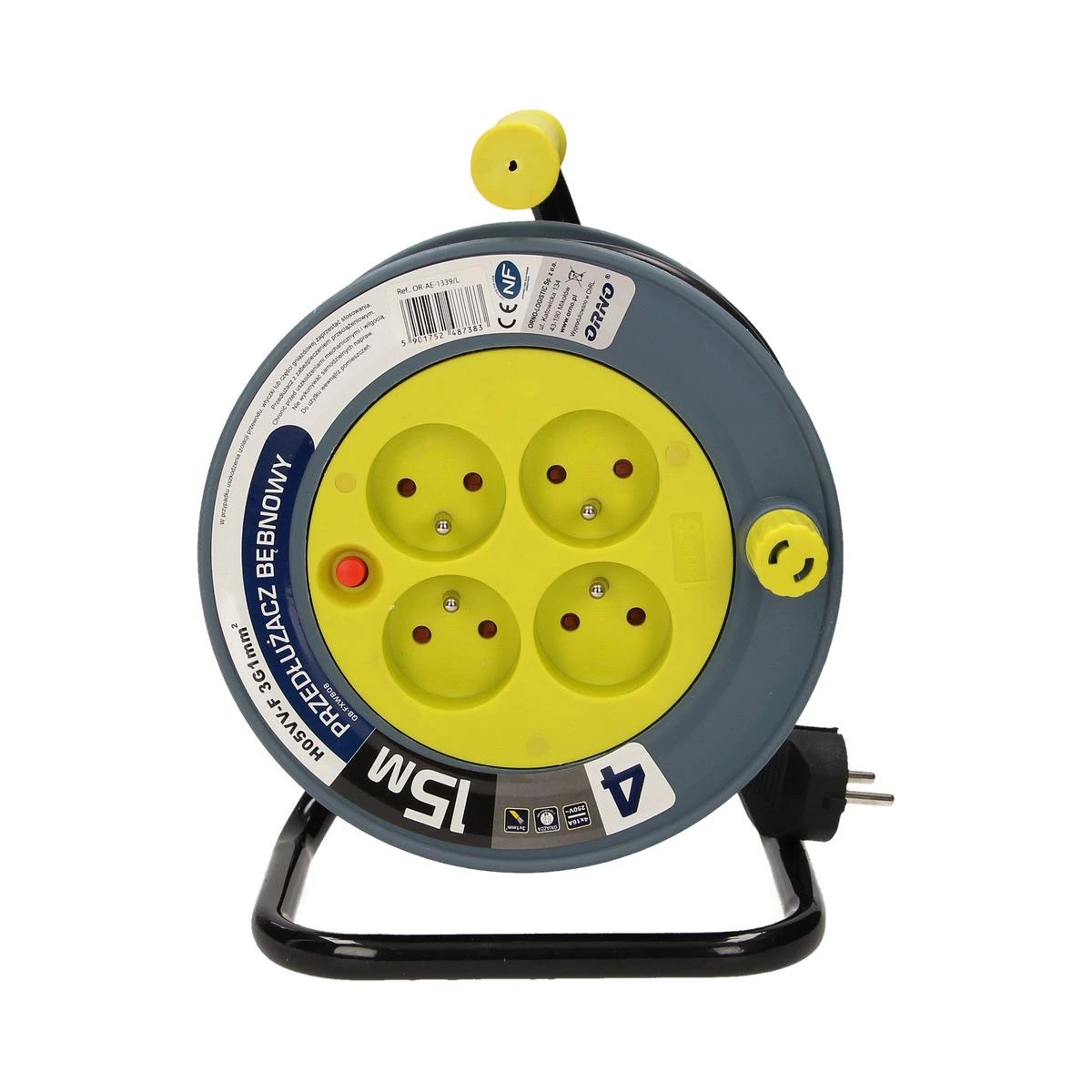Orno Przedłużacz MINI prailginimo kabelio ritė, 4 lizdai 2P+Z, metalinis stovas, PVC H05VV-F 3x1mm?, ilgis 15m, žalia