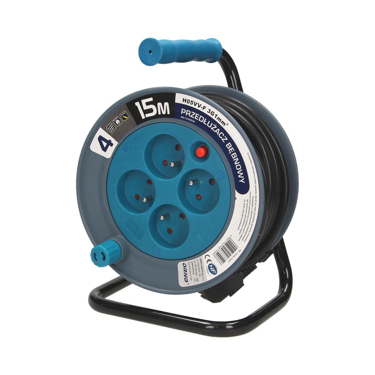 Orno MINI prailginimo laido ritė, 4 lizdai 2P+Z, metalinis stovas, polivinilchloridas H05VV-F 3x1mm-, ilgis 15m, turkio