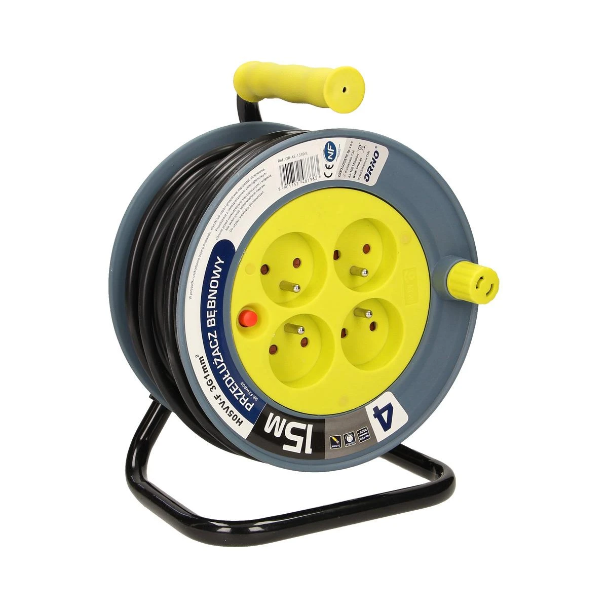 Orno Przedłużacz MINI prailginimo kabelio ritė, 4 lizdai 2P+Z, metalinis stovas, PVC H05VV-F 3x1mm?, ilgis 15m, žalia