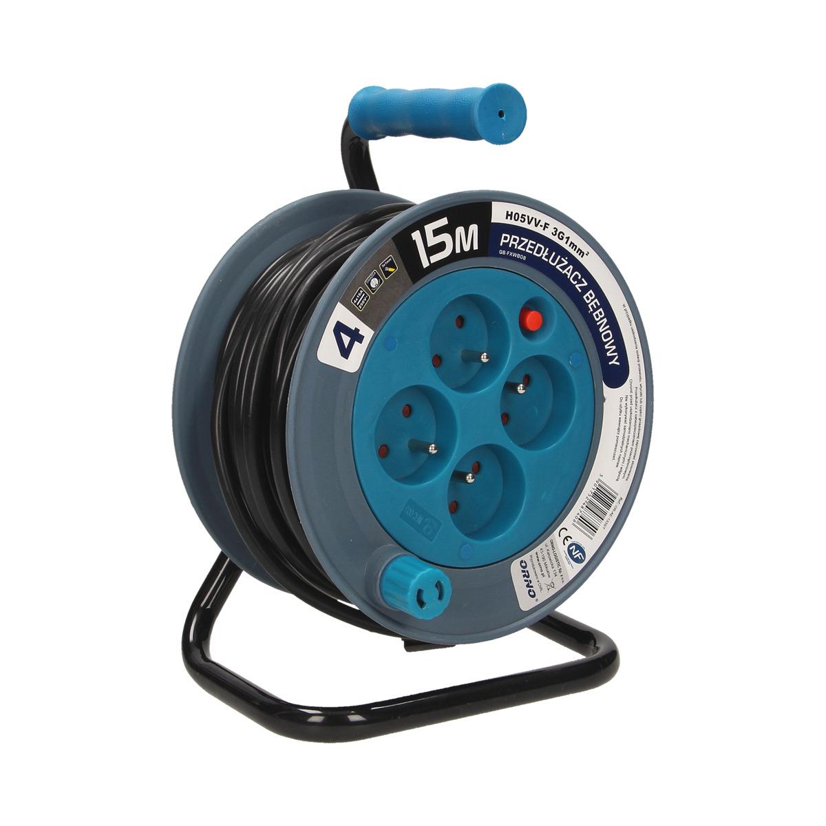 Orno MINI prailginimo laido ritė, 4 lizdai 2P+Z, metalinis stovas, polivinilchloridas H05VV-F 3x1mm-, ilgis 15m, turkio