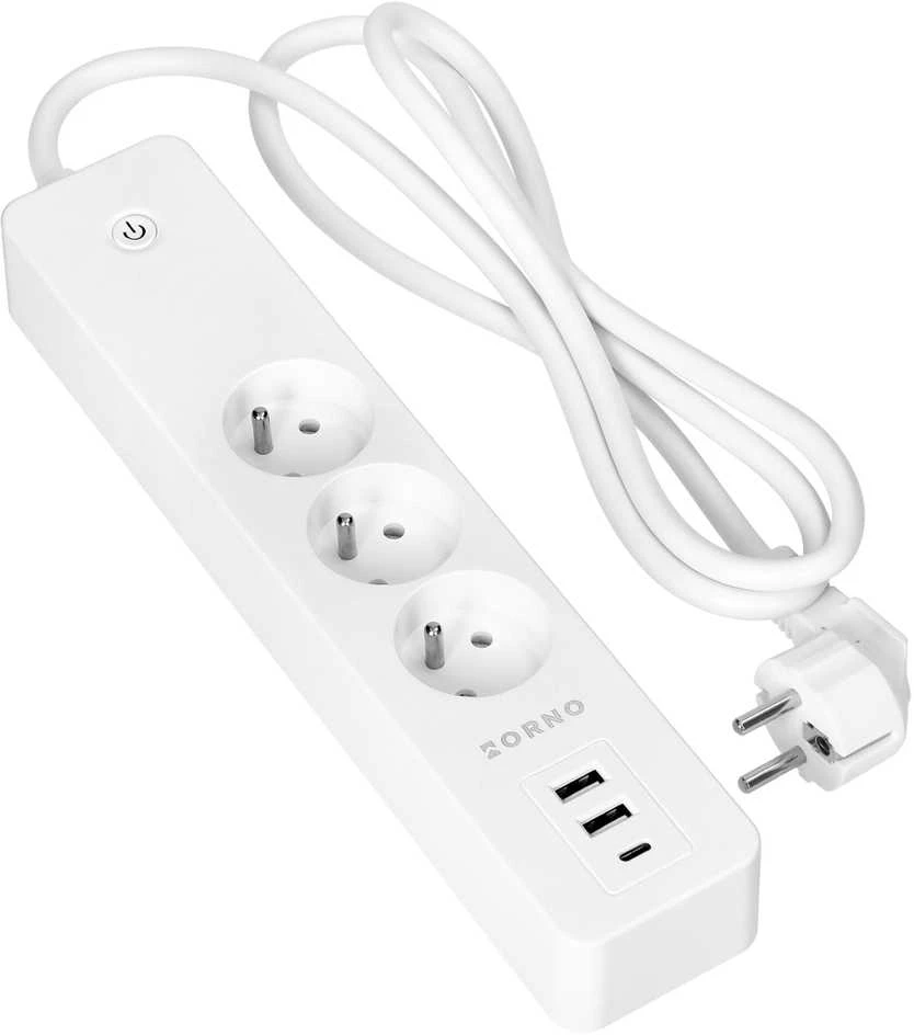Orno Przedłużacz „Tuya“ išmanusis „Wi-Fi“ 3 lizdų prailgintuvas su įžeminimu ir 3 USB jungikliu, baltas
