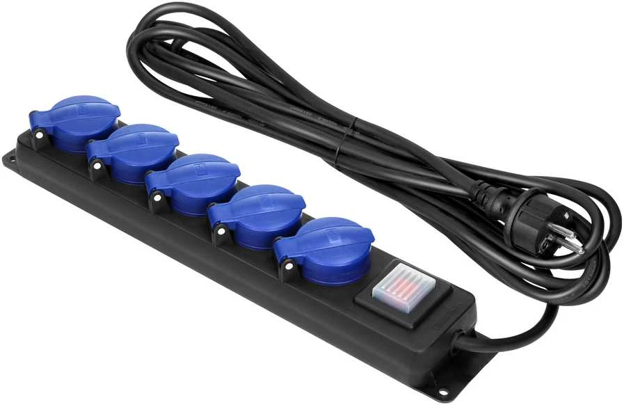 Orno Przedłużacz Apsaugotas nuo vandens purslų dirbtuvių ilgintuvas su jungikliu, 5 lizdai 2P+Z, IP44, guminis „schuko“ kabelis, H05RR-F 3x1,5mm2, ilgis 3m