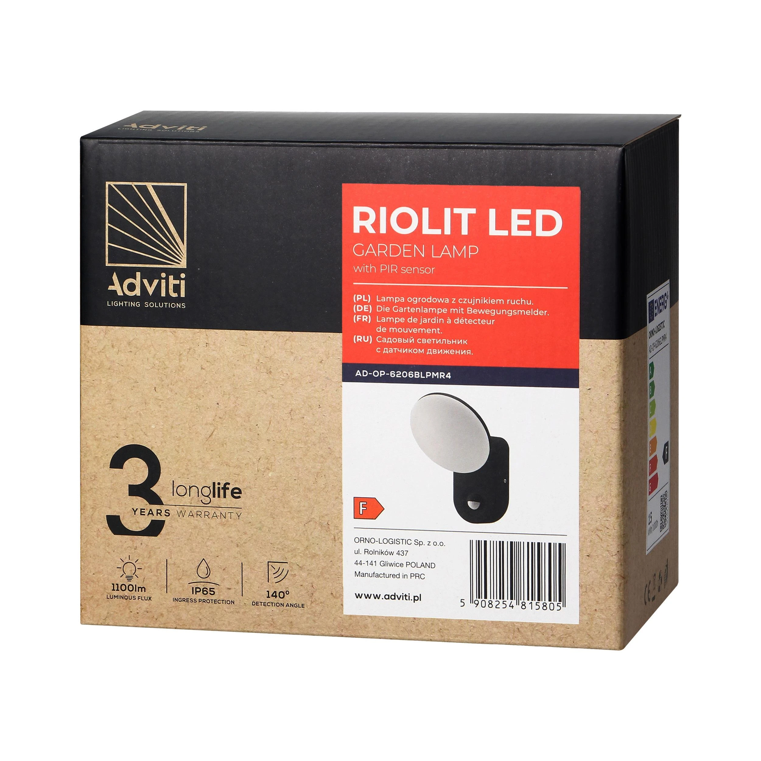 Sieninis šviestuvas Orno RIOLIT LED 15W, sodo šviestuvas su judesio jutikliu, 1100lm, IP65, 4000K, juodas