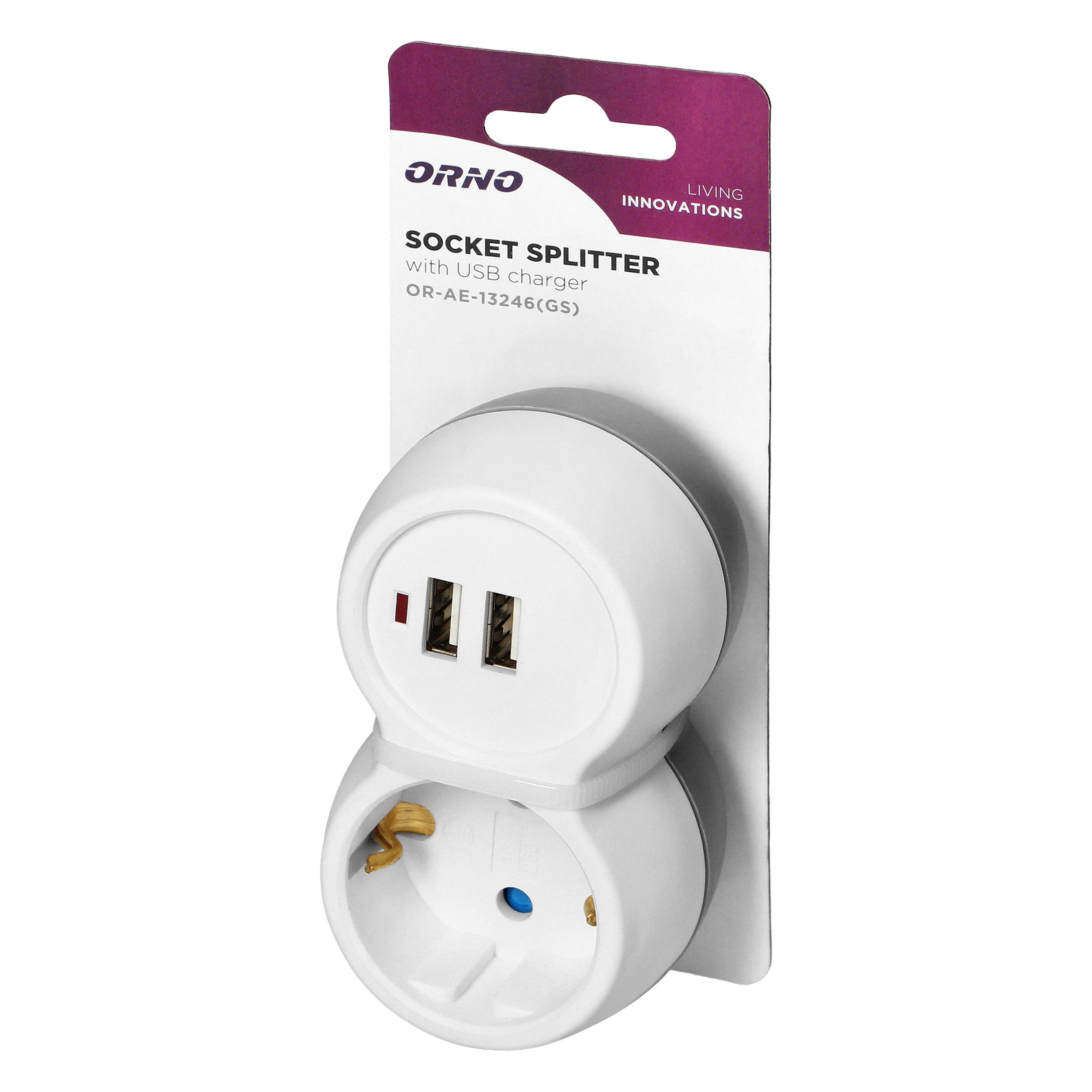 Orno Rozgałęźnik 2P+Z (Schuko) skirstytuvas su 2xUSB įkrovikliu, baltai pilkas
