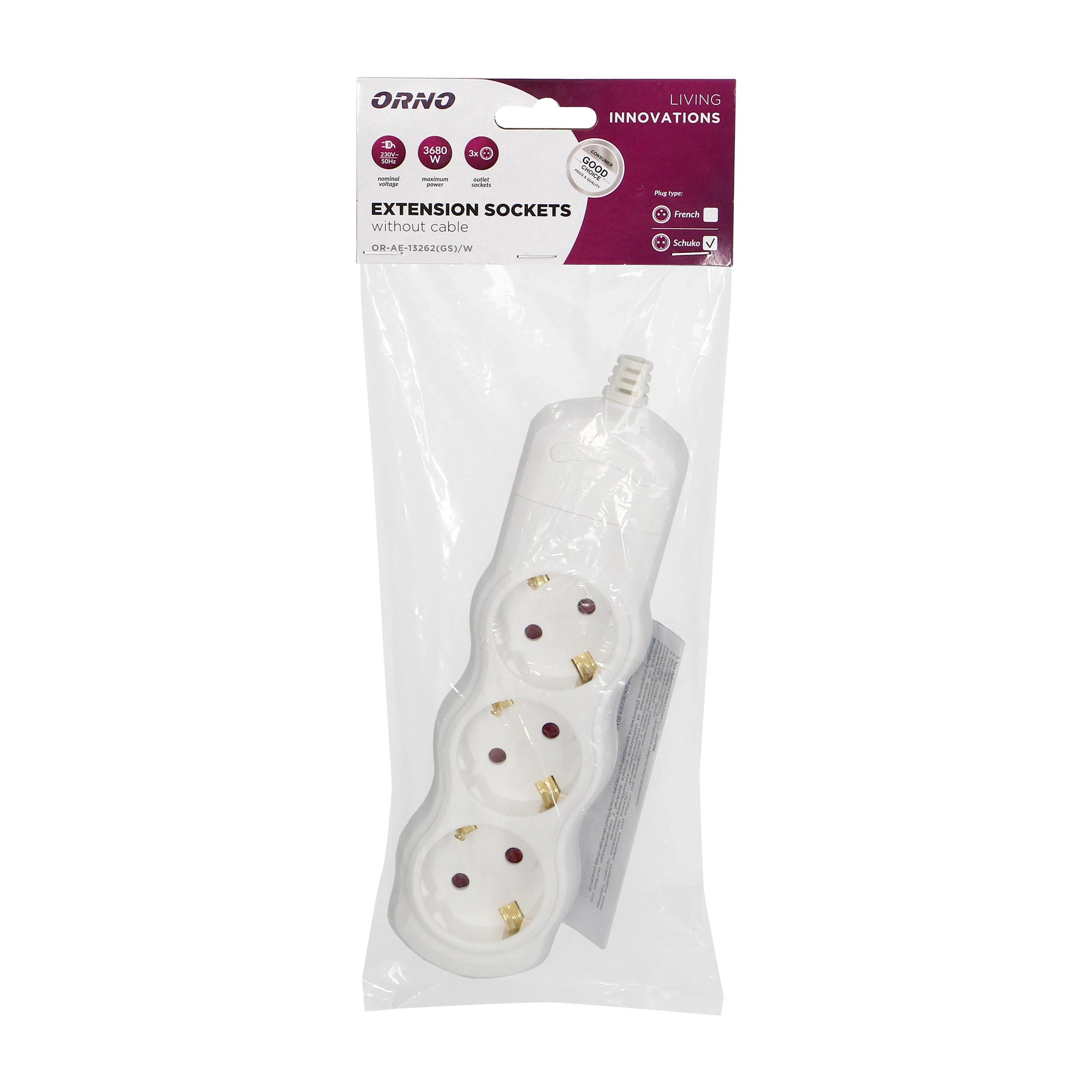 Rozgałęźnik 3x2P+Z Schuko skirstytuvas, baltas