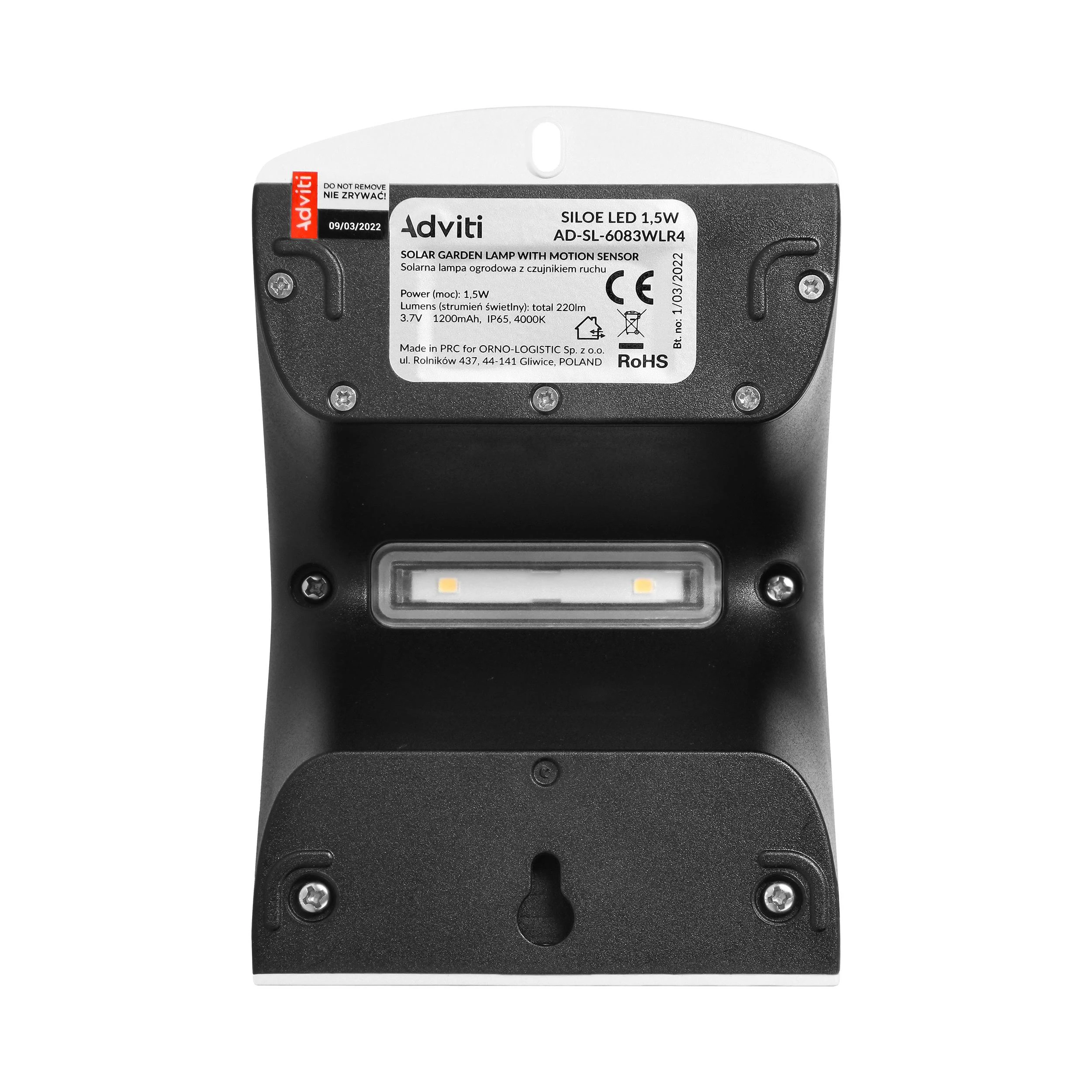 Sieninis šviestuvas Orno SILOE LED 1,5 W, saulės energija varomas šviestuvas su judesio jutikliu 120°, 190 lm, IP65, 4000 K, 1200 mAh, dvigubas šviesos šaltinis, baltas