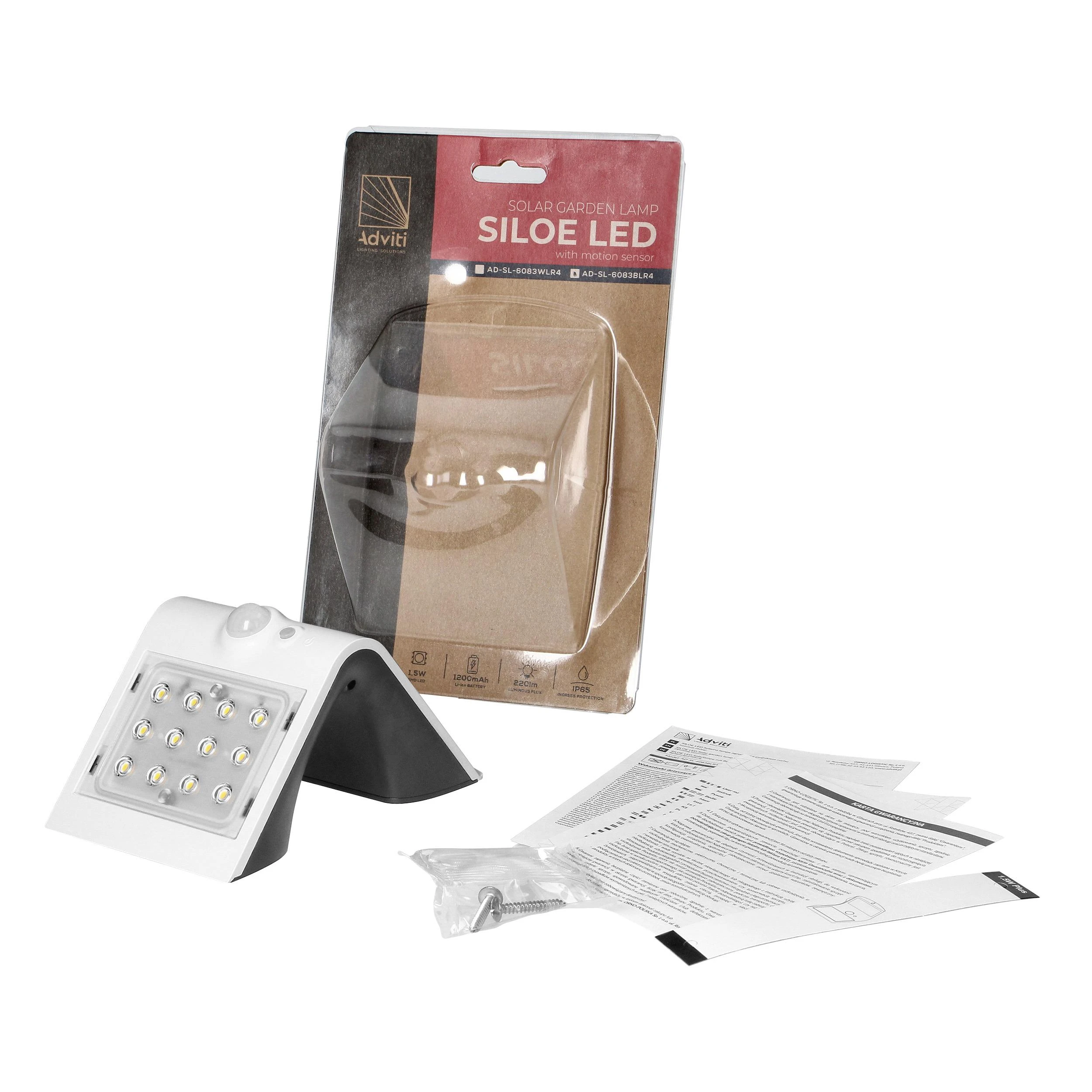Sieninis šviestuvas Orno SILOE LED 1,5 W, saulės energija varomas šviestuvas su judesio jutikliu 120°, 190 lm, IP65, 4000 K, 1200 mAh, dvigubas šviesos šaltinis, baltas