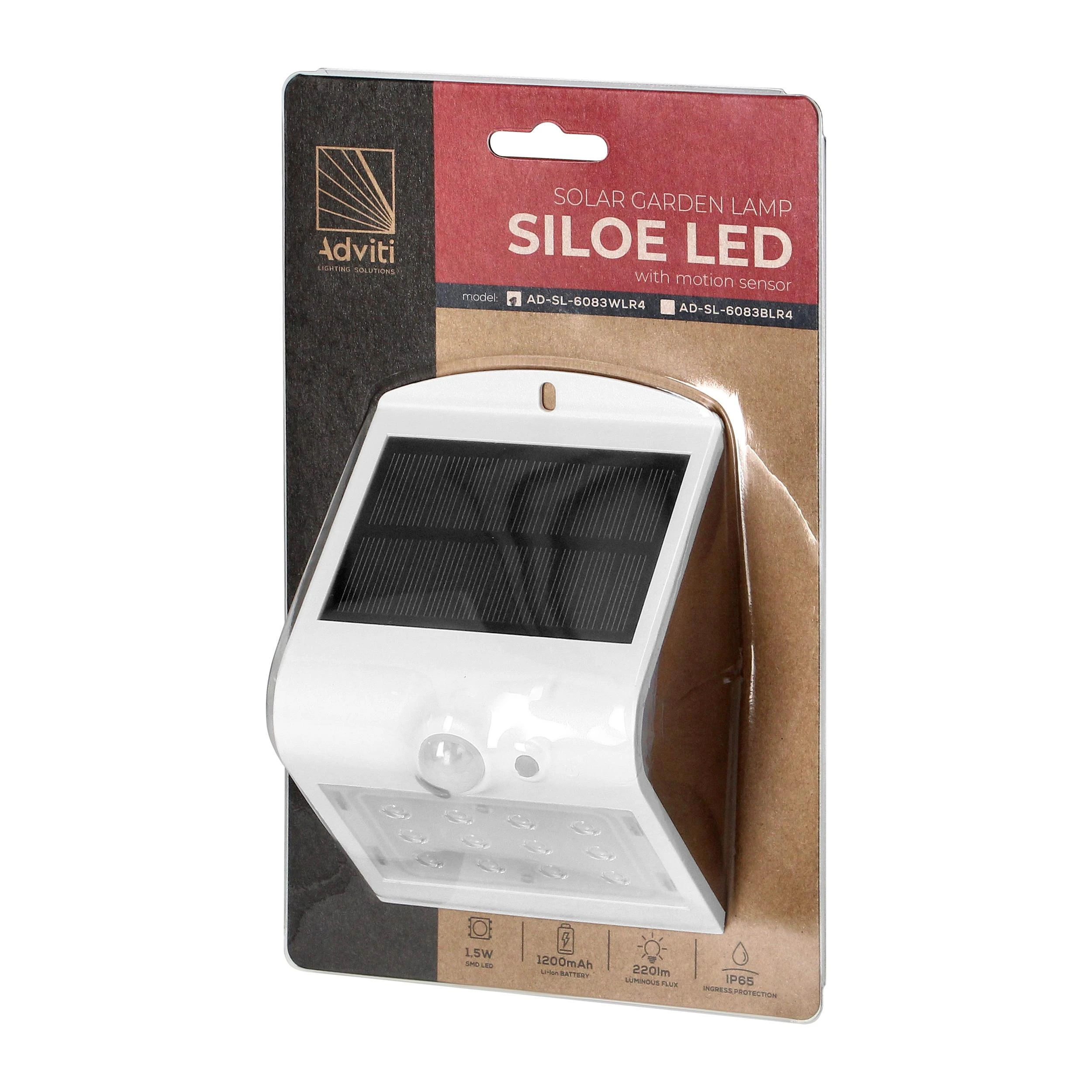 Sieninis šviestuvas Orno SILOE LED 1,5 W, saulės energija varomas šviestuvas su judesio jutikliu 120°, 190 lm, IP65, 4000 K, 1200 mAh, dvigubas šviesos šaltinis, baltas
