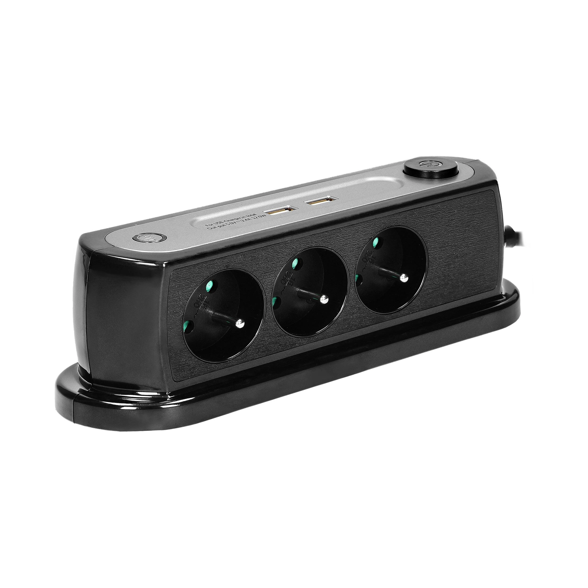 Orno Stalinis maitinimo elementas 3x2P+Z įkroviklis 2xUSB OR-AE-13190/B juodas, juoda