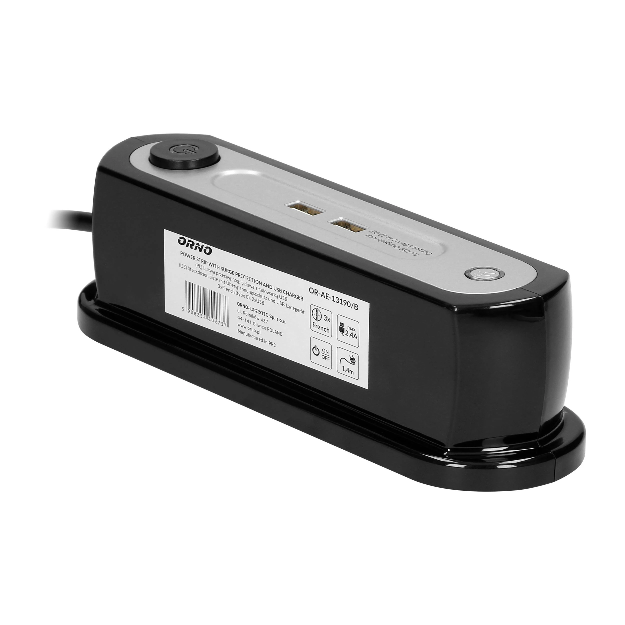 Orno Stalinis maitinimo elementas 3x2P+Z įkroviklis 2xUSB OR-AE-13190/B juodas, juoda