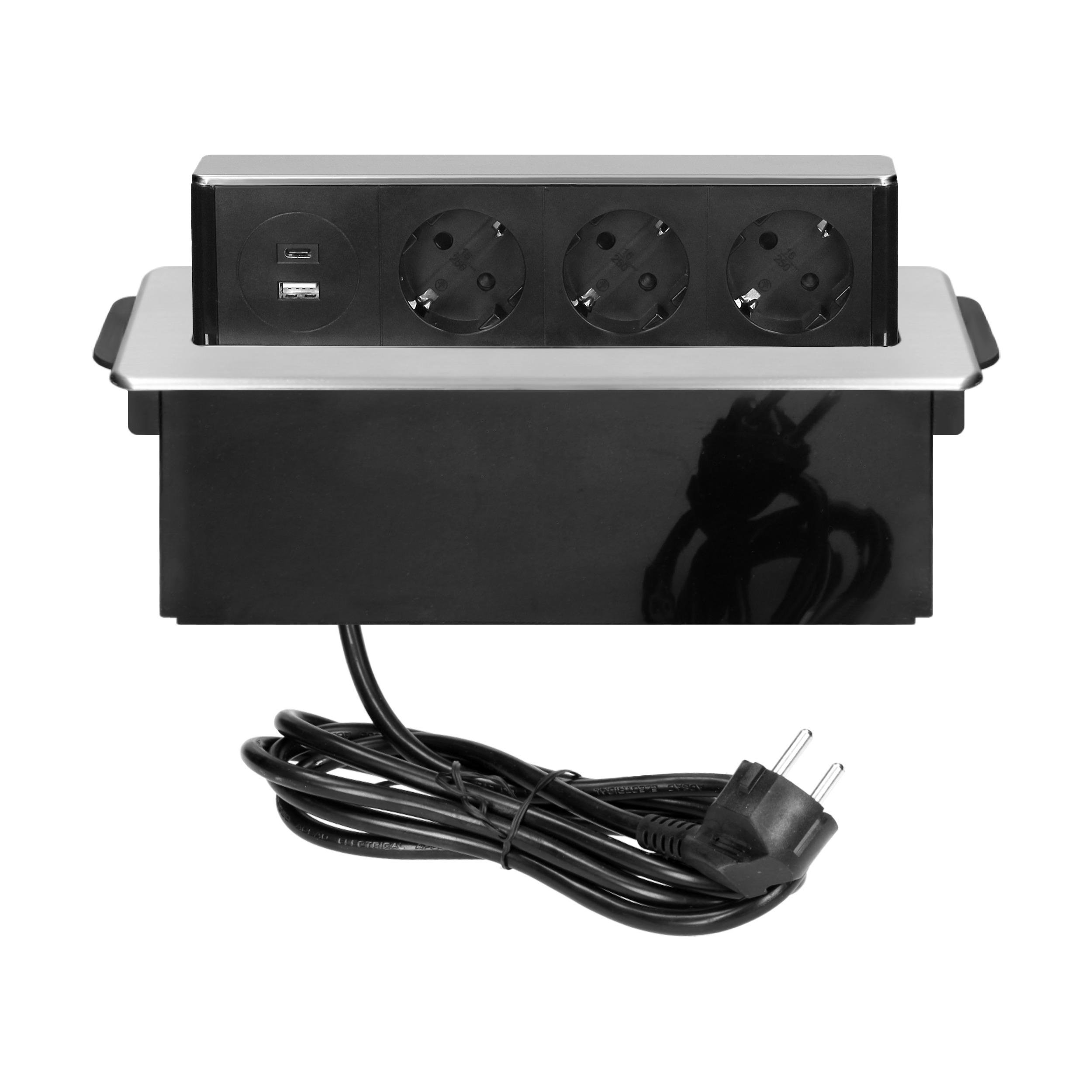 Orno Lizdas Baldinis lizdas, ištraukiamas iš stalviršio, su plokščiu frezuotu kraštu, USB įkrovikliu ir 2 m laidu, 3 F tipo lizdai, 2 x USB (A + C tipo 3.1A; QC 3.0), 3x1.5 mm, juodos ir sidabrinės spalvos, INOX, Schuko versija