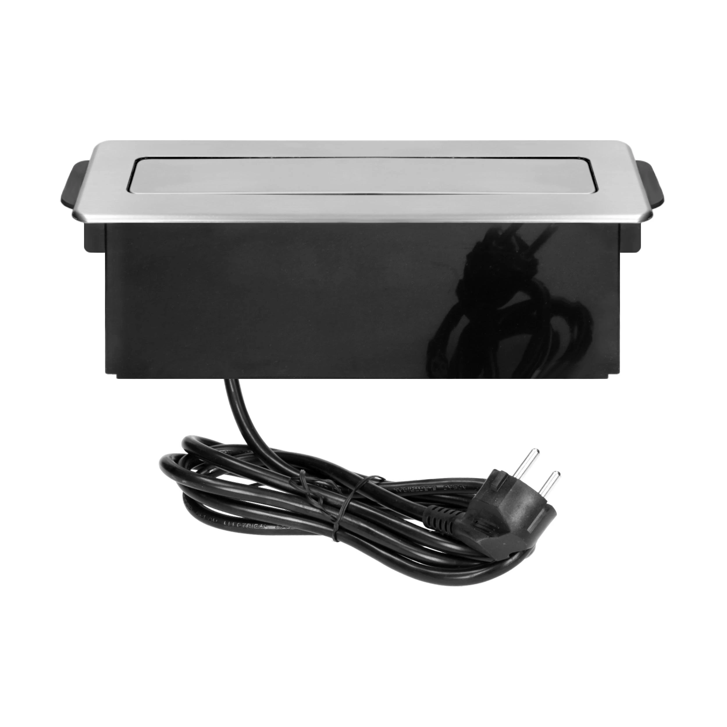 Orno Lizdas Baldinis lizdas, išsikišantis iš stalviršio, su plokščiu frezuotu kraštu, USB įkrovikliu ir 2 m laidu, 3 E tipo lizdai, 2 x USB (2,4 A), 3x1,5 mm², juodos ir sidabrinės spalvos, INOX