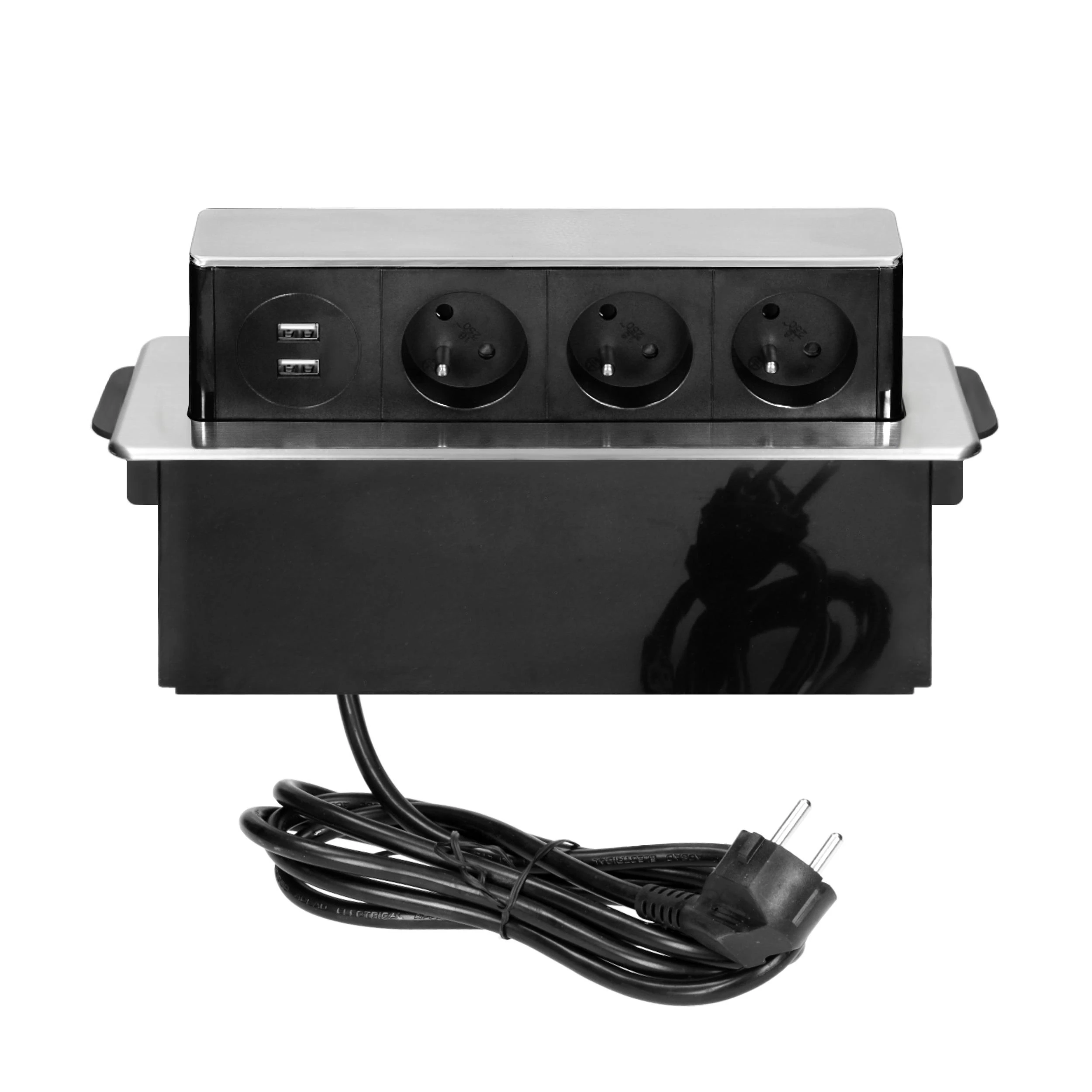 Orno Lizdas Baldinis lizdas, išsikišantis iš stalviršio, su plokščiu frezuotu kraštu, USB įkrovikliu ir 2 m laidu, 3 E tipo lizdai, 2 x USB (2,4 A), 3x1,5 mm², juodos ir sidabrinės spalvos, INOX