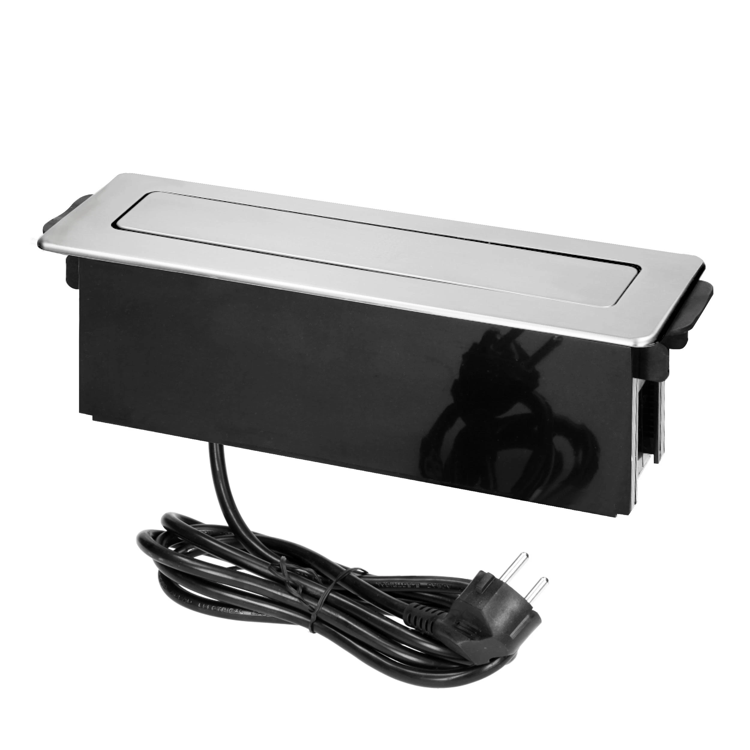 Orno Lizdas Baldinis lizdas, išsikišantis iš stalviršio, su plokščiu frezuotu kraštu, USB įkrovikliu ir 2 m laidu, 3 E tipo lizdai, 2 x USB (2,4 A), 3x1,5 mm², juodos ir sidabrinės spalvos, INOX