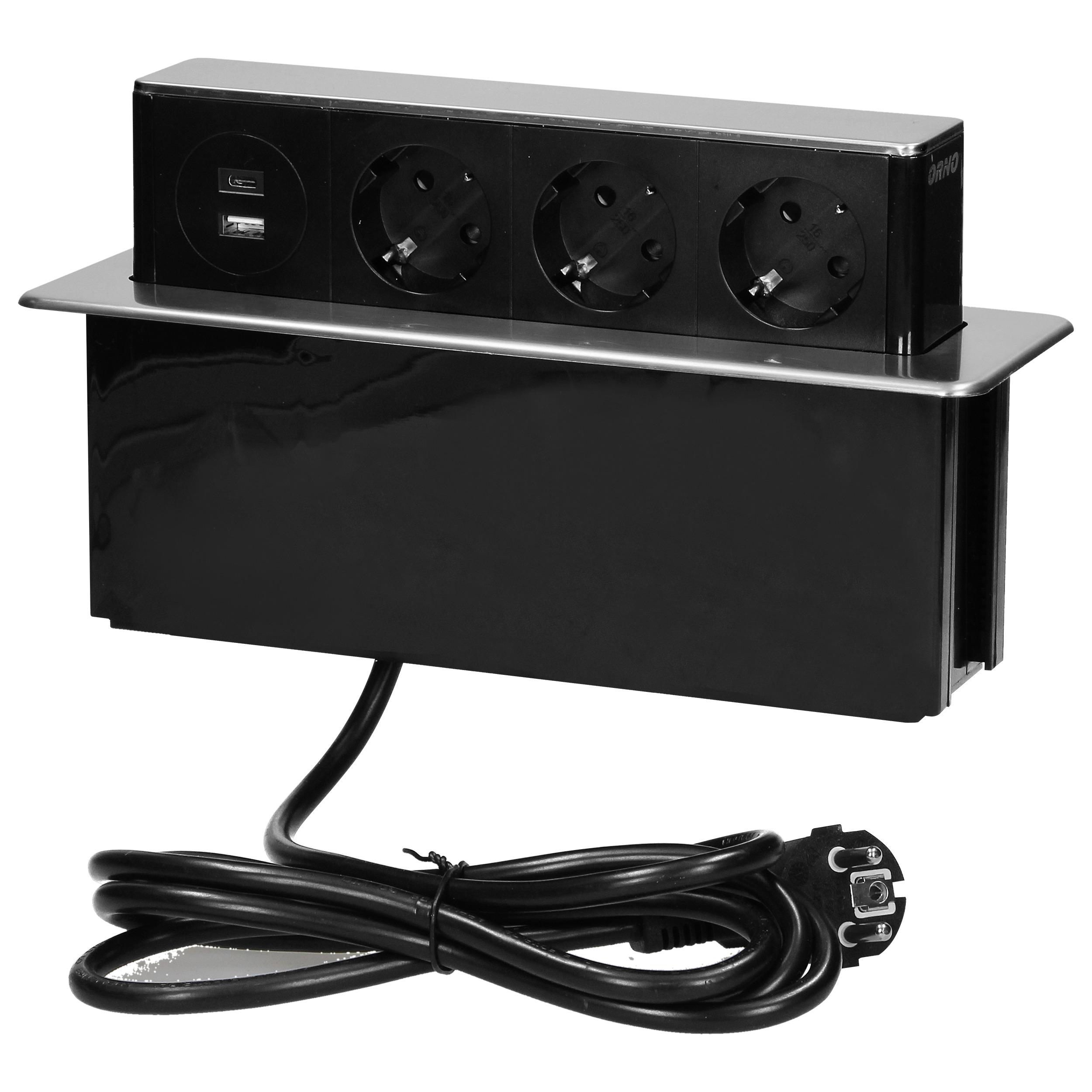 Orno Lizdas Baldinis lizdas, ištraukiamas iš stalviršio, su plokščiu frezuotu kraštu, USB įkrovikliu ir 2 m laidu, 3 F tipo lizdai, 2 x USB (A + C tipo 3.1A; QC 3.0), 3x1.5 mm, juodos ir sidabrinės spalvos, INOX, Schuko versija