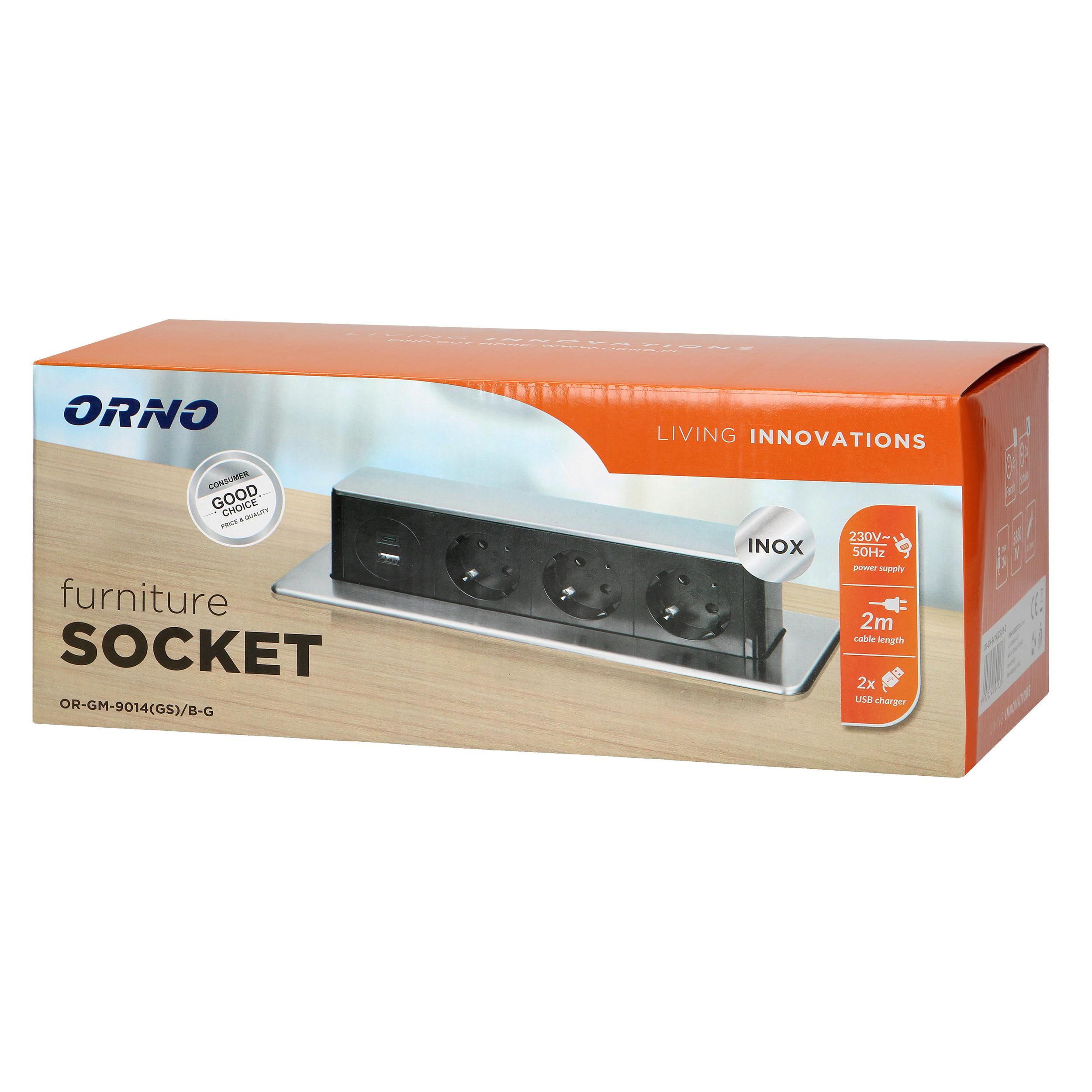 Orno Lizdas Baldinis lizdas, ištraukiamas iš stalviršio, su plokščiu frezuotu kraštu, USB įkrovikliu ir 2 m laidu, 3 F tipo lizdai, 2 x USB (A + C tipo 3.1A; QC 3.0), 3x1.5 mm, juodos ir sidabrinės spalvos, INOX, Schuko versija