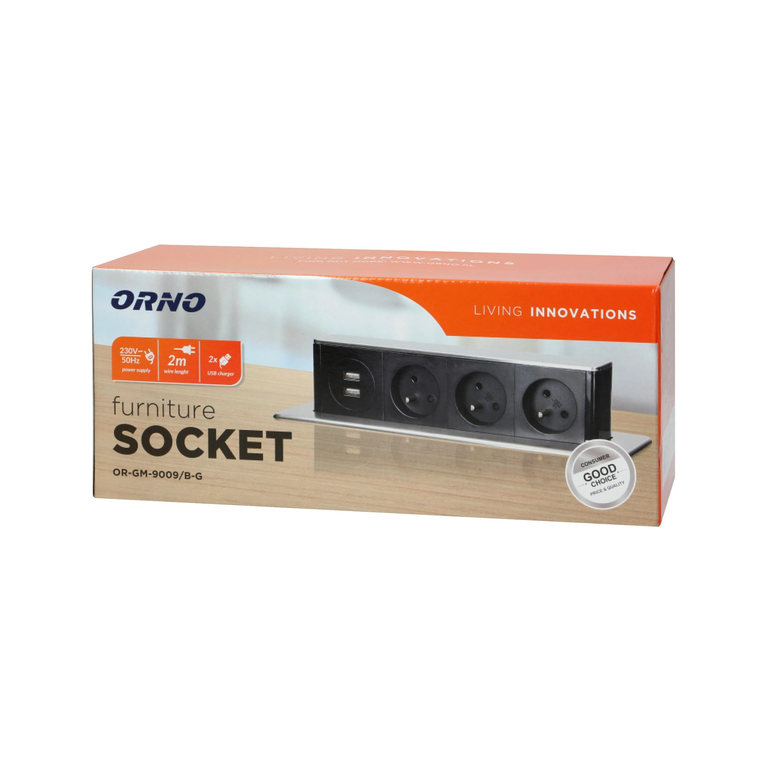 Orno Lizdas Baldinis lizdas, išsikišantis iš stalviršio, su plokščiu frezuotu kraštu, USB įkrovikliu ir 2 m laidu, 3 E tipo lizdai, 2 x USB (2,4 A), 3x1,5 mm², juodos ir sidabrinės spalvos, INOX