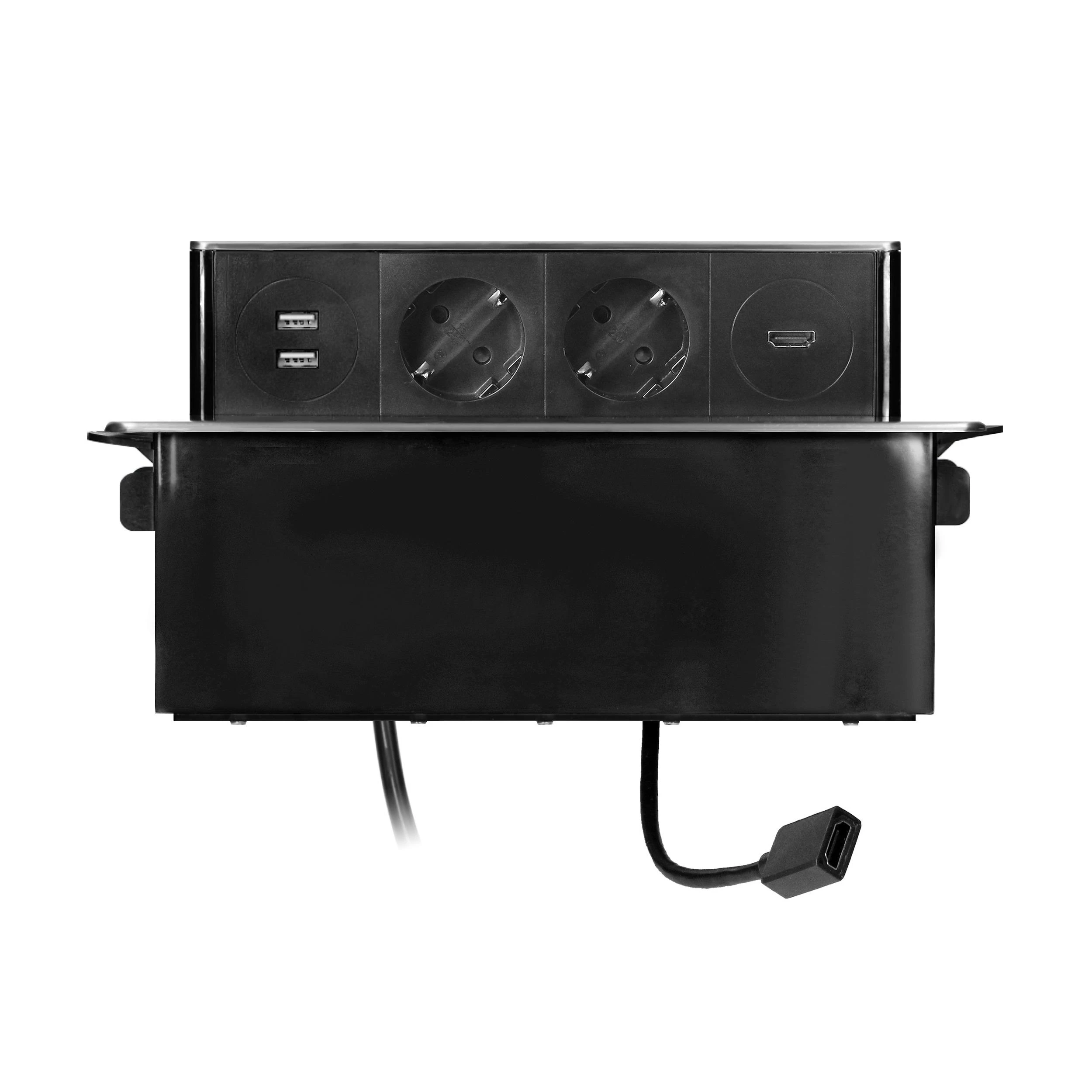Orno Lizdas Baldinis lizdas, išsikišantis iš stalviršio, su plokščiu frezuotu kraštu, USB įkrovikliu ir 2 m laidu, 2x2P+Z (Schuko), 2 x USB (A tipo), HDMI, 3x1,5mm2, juodas ir sidabrinis, INOX