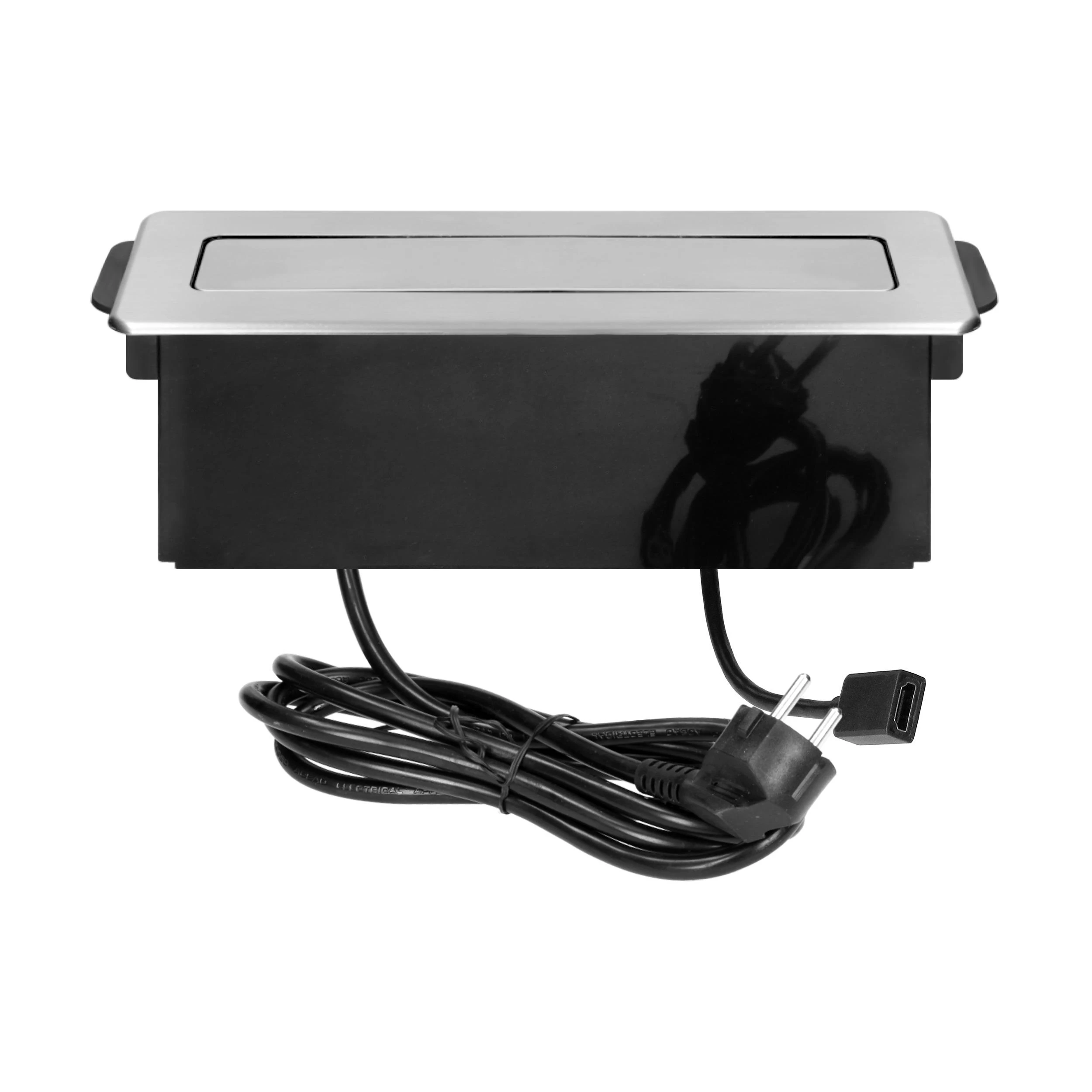 Orno Lizdas Baldinis lizdas, išsikišantis iš stalviršio, su plokščiu frezuotu kraštu, USB įkrovikliu ir 2 m laidu, 2x2P+Z (Schuko), 2 x USB (A tipo), HDMI, 3x1,5mm2, juodas ir sidabrinis, INOX