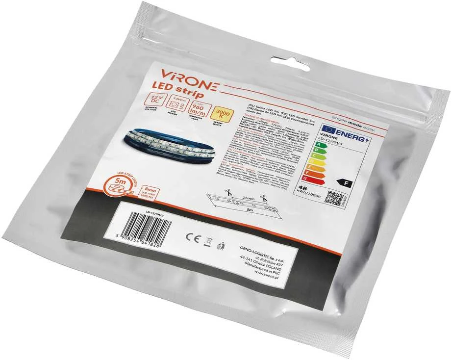 Orno Taśma LED juosta 12V, 2835, 120L/m, 760lm/m, 9.6W/m, IP63, 3000K, 5m