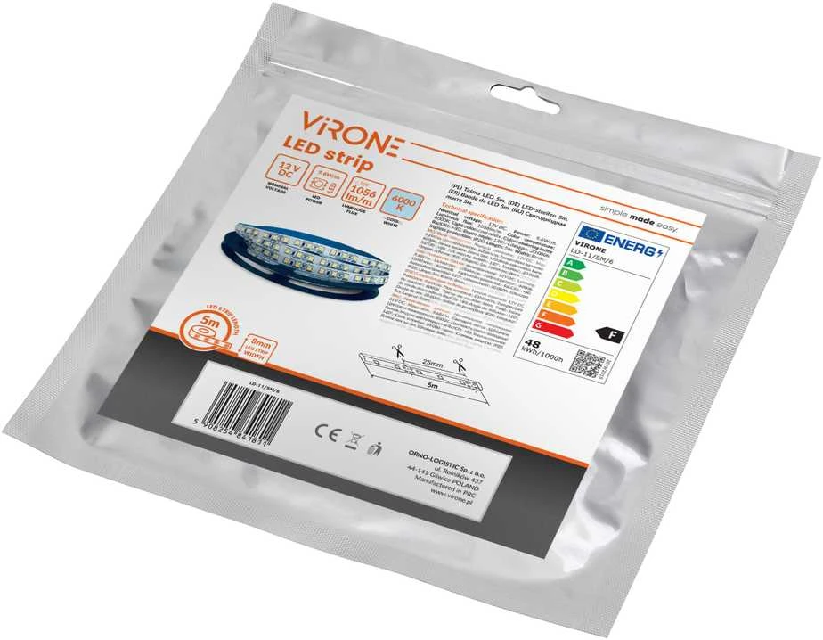 Orno Taśma LED juosta 12V, 2835, 120L/m, 1000lm/m, 9.6W/m, IP20, 6000K, 5m