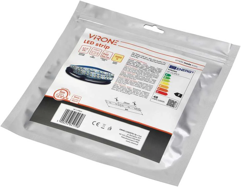 Orno Taśma LED 12V, 2835, 120L/m, 1000lm/m, 9,6W/m, IP20, 3000K, 5m
