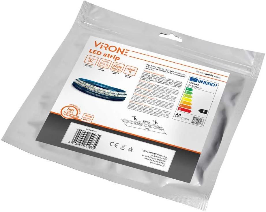 Orno Taśma LED juosta 12V, 2835, 120L/m, 760lm/m, 9.6W/m, IP63, 4000K, 5m