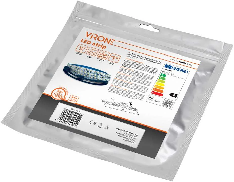 Orno Taśma LED juosta 12V, 2835, 120L/m, 1000lm/m, 9.6W/m, IP20, 4000K, 5m