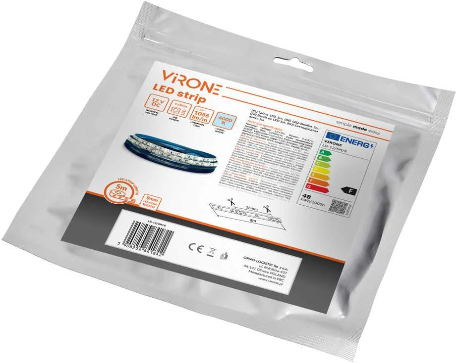Orno Taśma LED juosta 12V, 2835, 120L/m, 760lm/m, 9.6W/m, IP63, 6000K, 5m