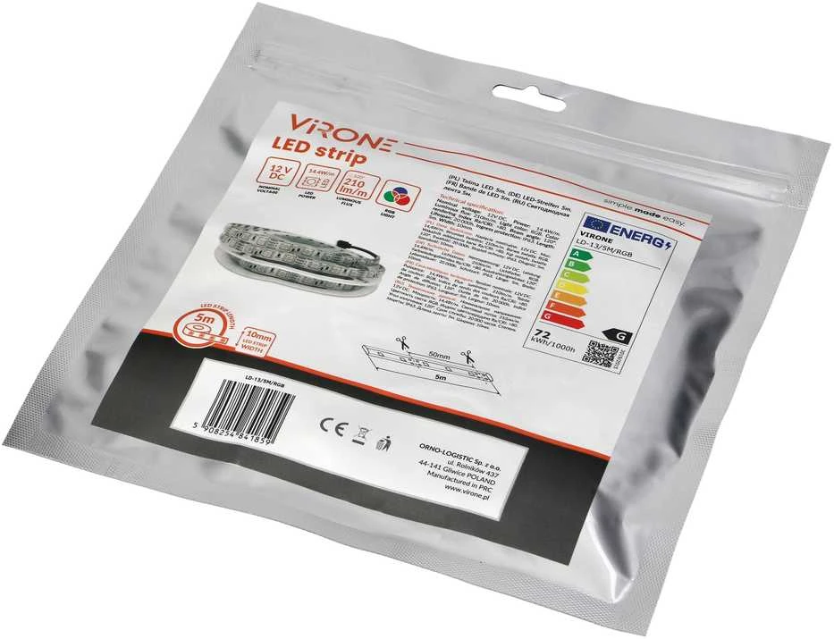 Orno Taśma LED juosta 12V, 5050, 60L/m, 210lm/m, 14.4W/m, IP63, RGB, 5m