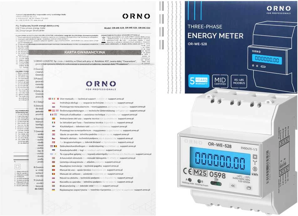 Orno 3 Fazowy Trifazis elektros skaitiklis, 100A, MID, 4 moduliai, DIN TH-35mm