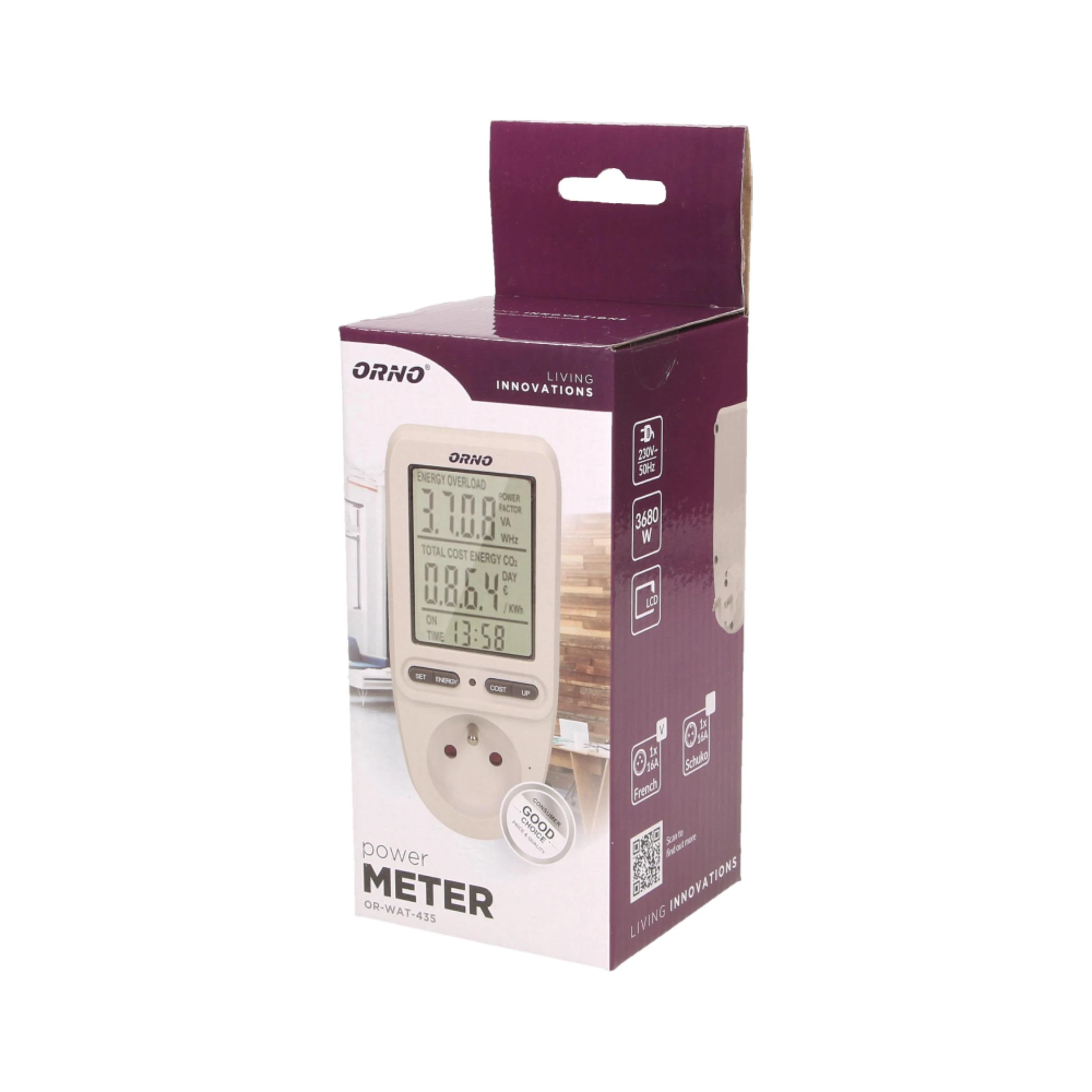 ORNO vatmetras su energijos skaičiuokle 230 V lizdui su LCD ekranu