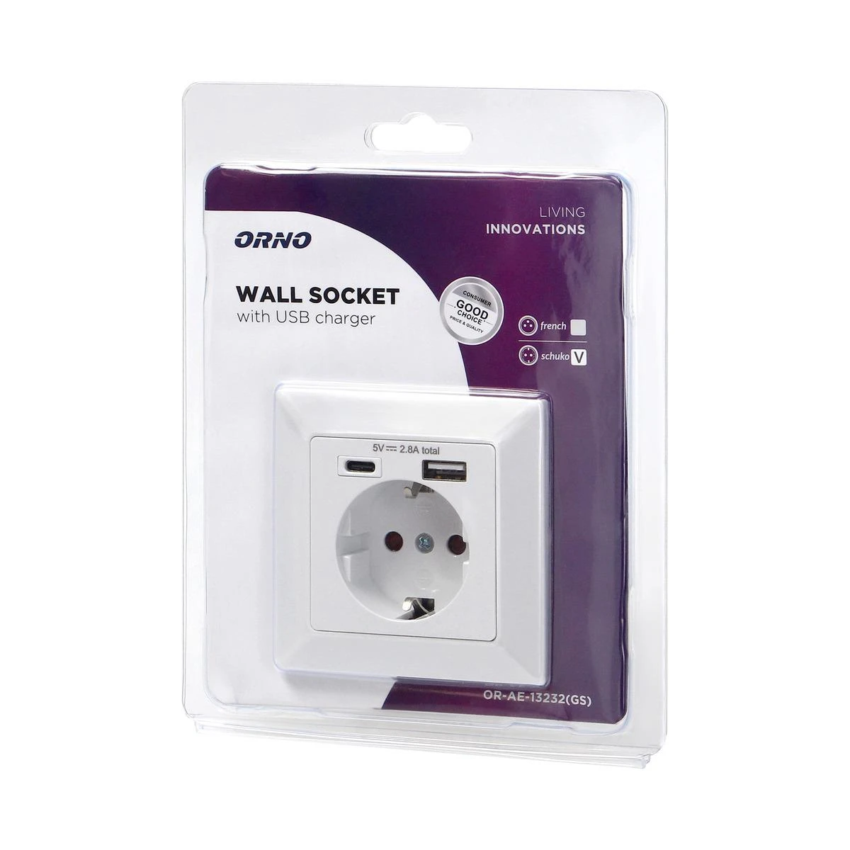 Orno Viengubas elektros lizdas 2P+Z (Schuko) su USB-A ir USB-C jungtimis