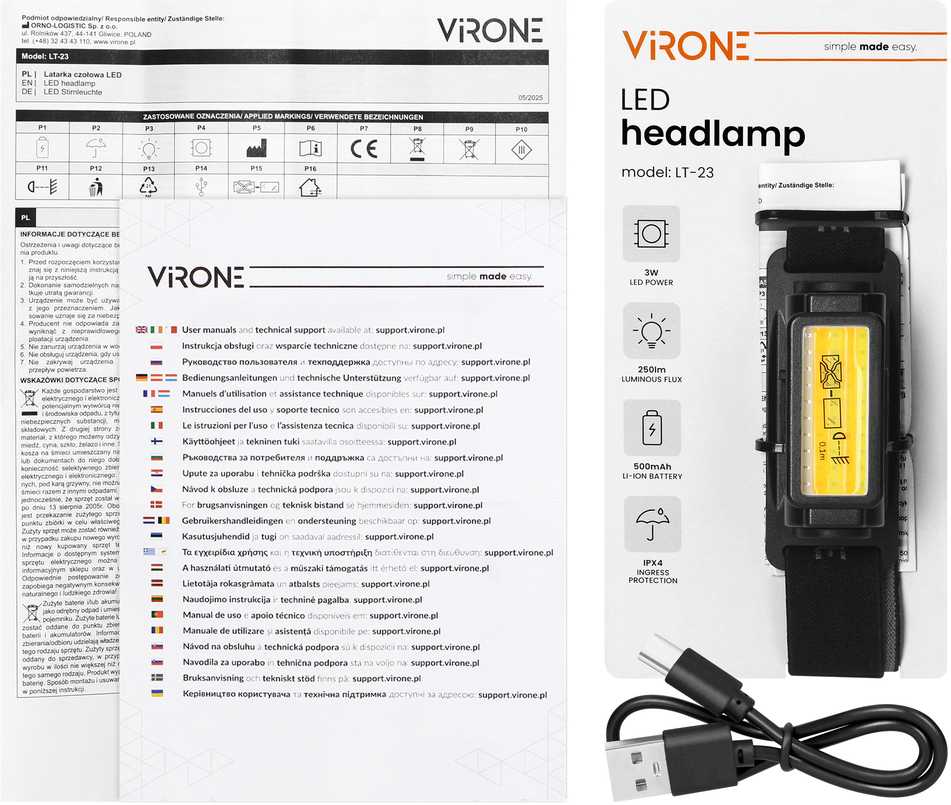 Orno Žibintuvėlis priekinis LED, 250 lm, 500 mAh, CCT, pasukama galvutė