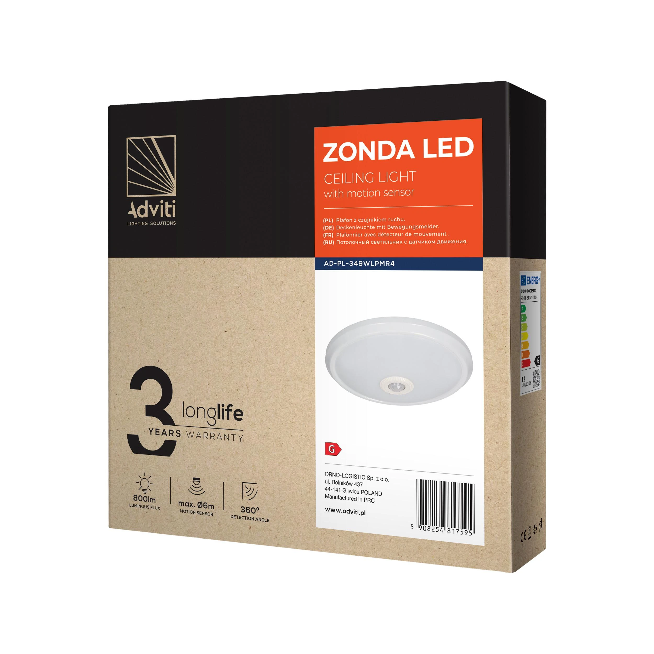 Sieninis šviestuvas Orno ZONDA LED 12W, lubinis šviestuvas su judesio jutikliu, 800lm, IP20, 4000K, pieniškas polikarbonatas, baltas
