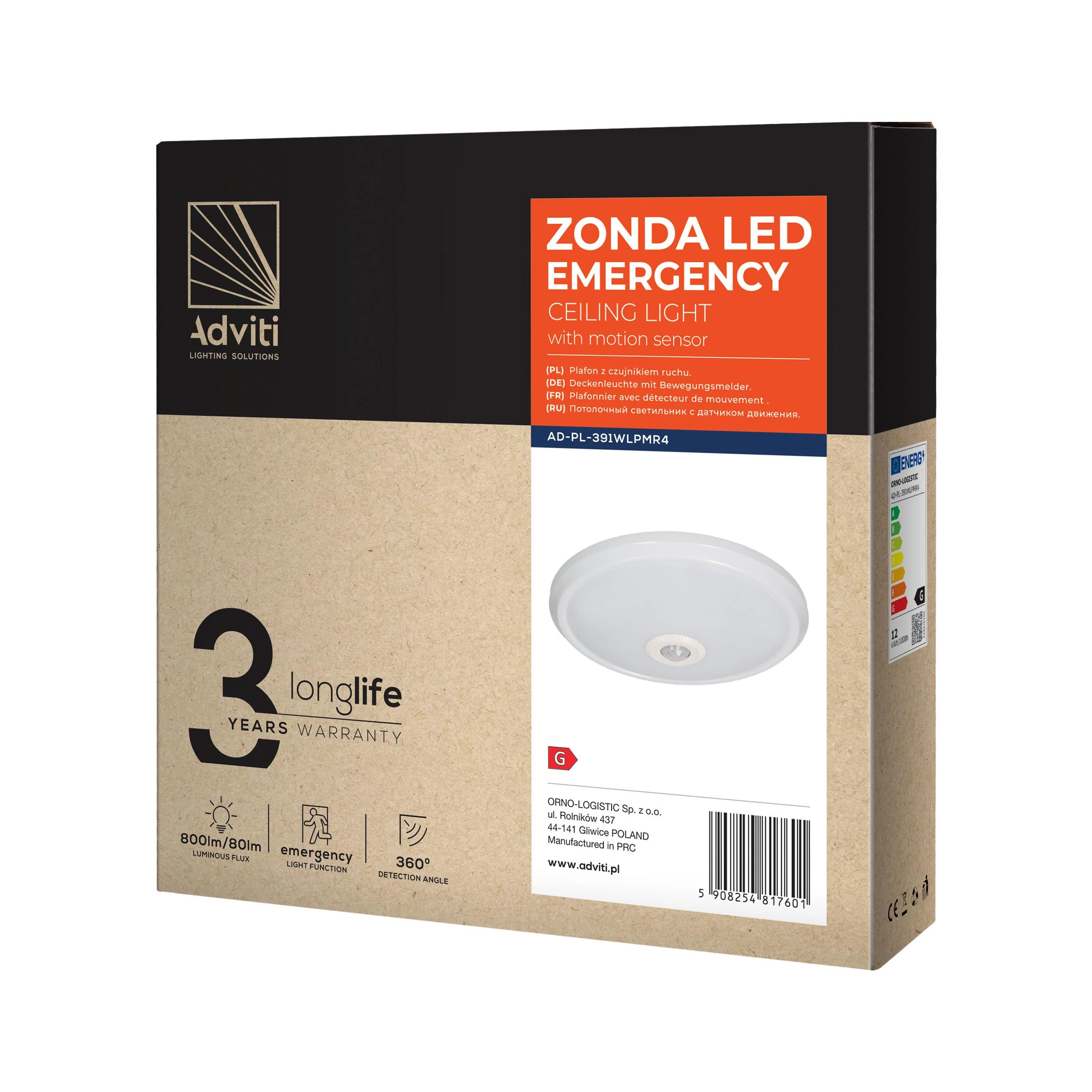 ‎Adviti ZONDA LED AVARINIS 12W/1.2W, lubinis šviestuvas su judesio jutikliu, 800lm/80lm, IP20, 4000K, matinis polikarbonatas, baltas