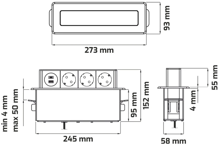 Plastrol Lizdas meblowe Montuojama, 3 złącza wtyczkowe schuko, 1xgniazdo usb a, 1xgniazdo usb c