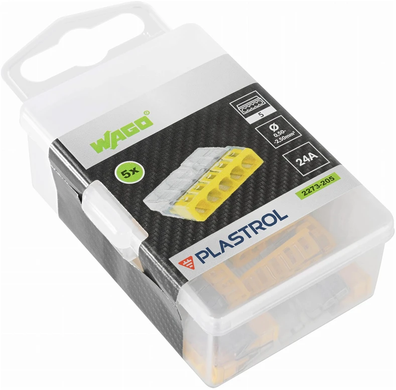 Plastrol Pięciokrotna szybkozłączka wago, pudełko plastikowe m box su banderolą 5 vnt.