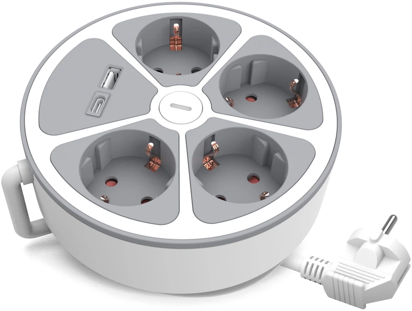 Plastrol 4-jų lizdų Schuko prailgintuvas su jungikliu ir USB-A bei USB-C lizdais