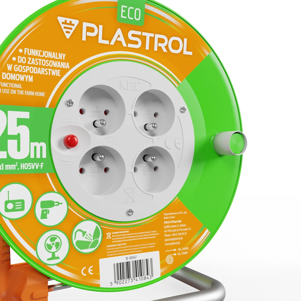 Plastrol Standartinis linijos būgno prailginimo laidas 25m H05V-F 3x1 4xGS 10A oranžinis (W-98947)