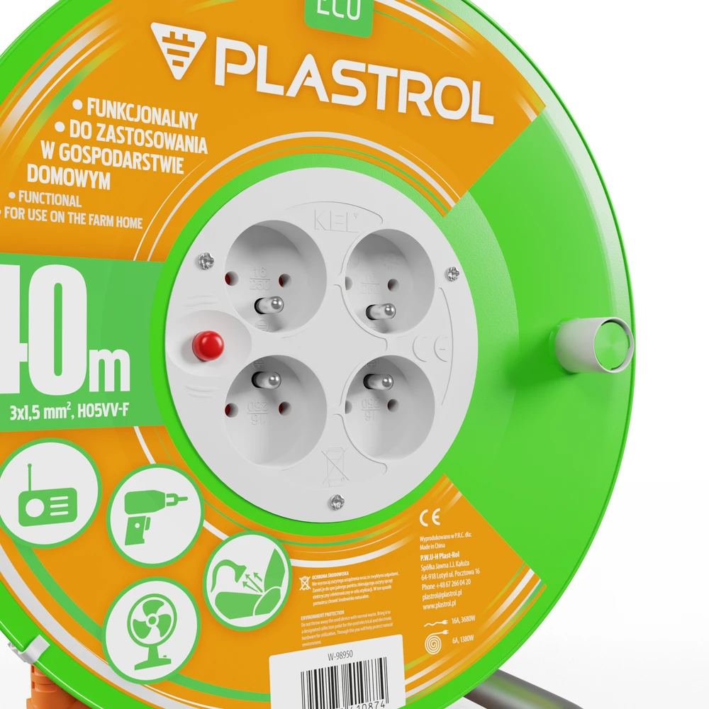 Plastrol Standartinis linijos būgno prailginimo laidas 40m H05V-F 3x1.5 4xGS 16A oranžinė (W-98950)