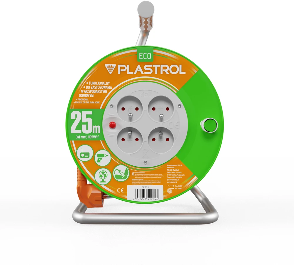 Plastrol Standartinis linijos būgno prailginimo laidas 25m H05V-F 3x1 4xGS 10A oranžinis (W-98947)