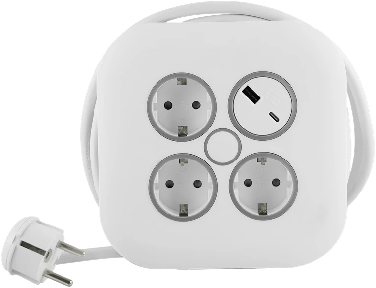 Plastrol Przedłużacz zwijany 10m 3×1,5mm2, 16a, su zabezpieczeniem termicznym, 3xgniazdo wtyczkowe schuko, 1xusb-c, 1xusb-a