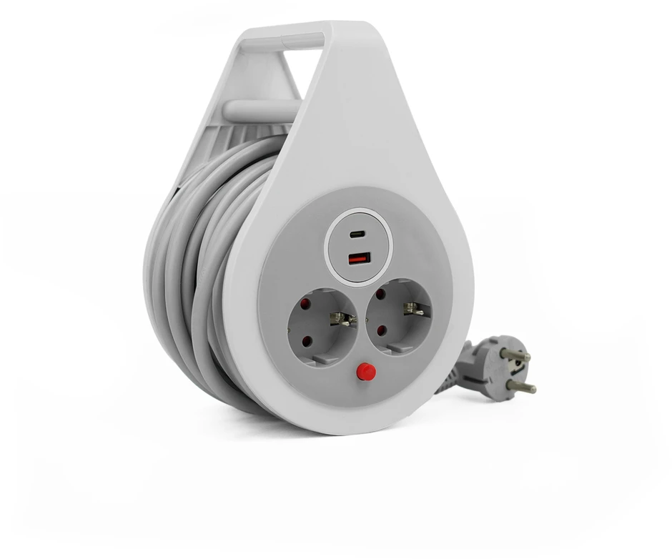 Plastrol Przedłużacz zwijany 10m 3×1,5mm2, 16a, su zabezpieczeniem termicznym, 2xgniazdo wtyczkowe, 1xusb-c, 1xusb-a, schuko