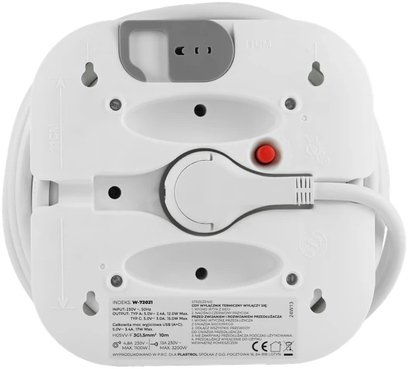 Plastrol Przedłużacz zwijany 10m 3×1,5mm2, 16a, su zabezpieczeniem termicznym, 3xgniazdo wtyczkowe schuko, 1xusb-c, 1xusb-a
