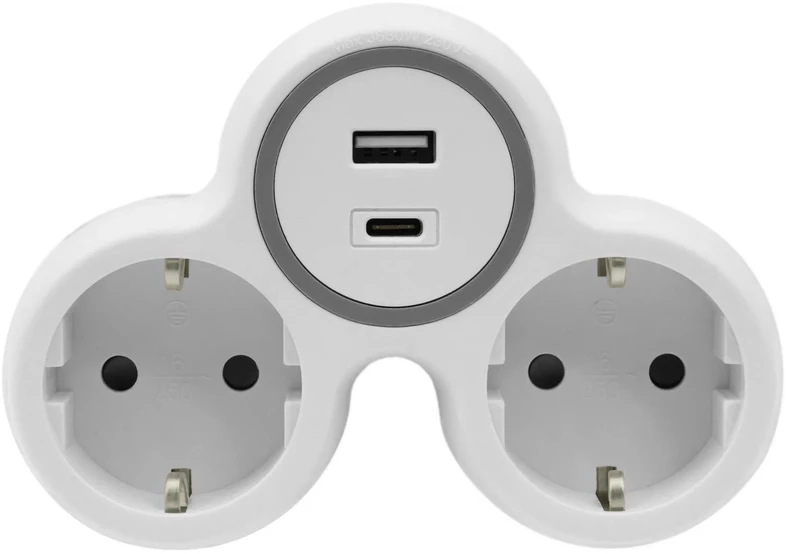 Plastrol Rozgałęźnik dwukrotny, 2x gniazda wtyczkowe su uziemieniem schuko, 1xgniazdo usb a, 1xgniazdo usb c